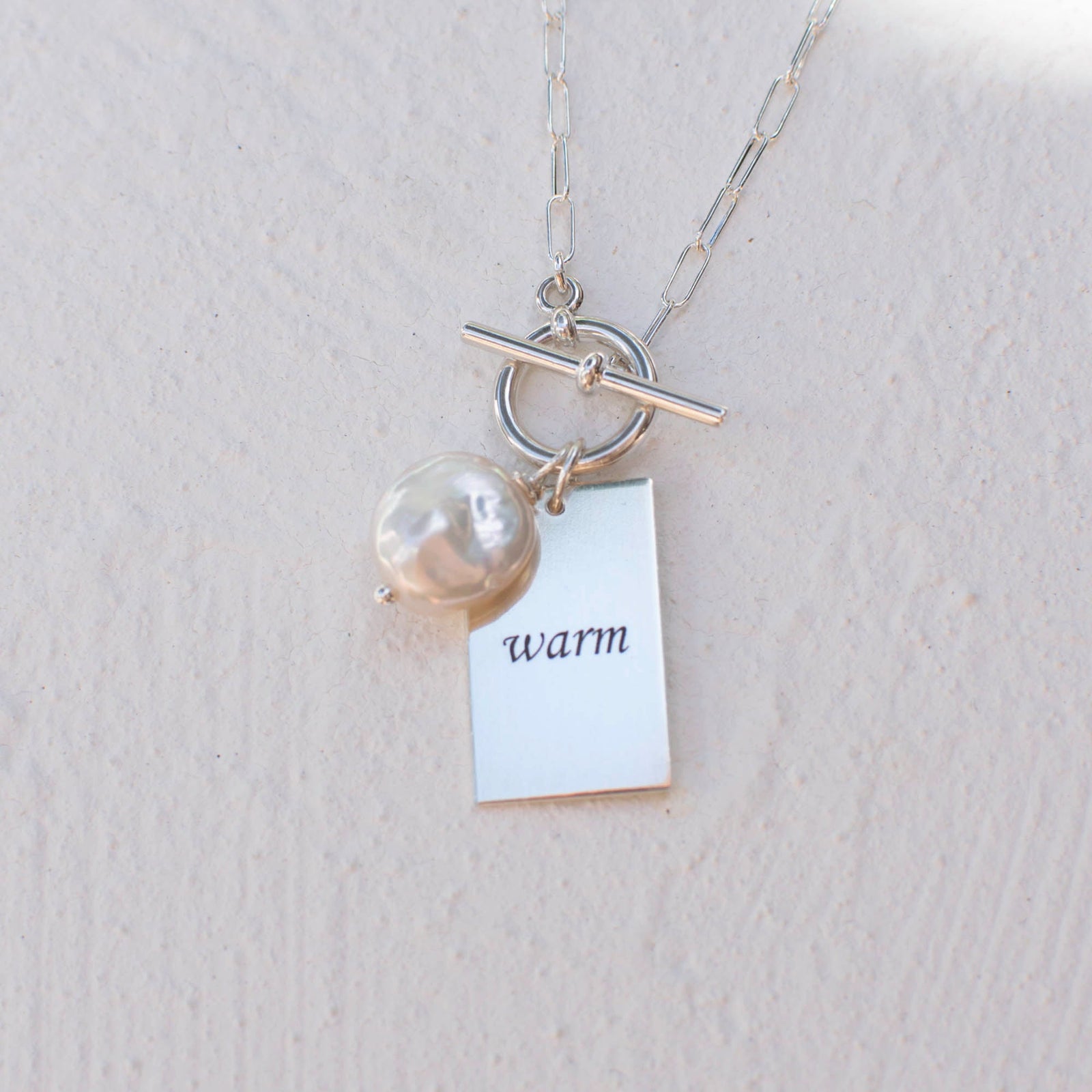silver paperclip chain necklace with toggle closure, rectangle pendant and coin pearl