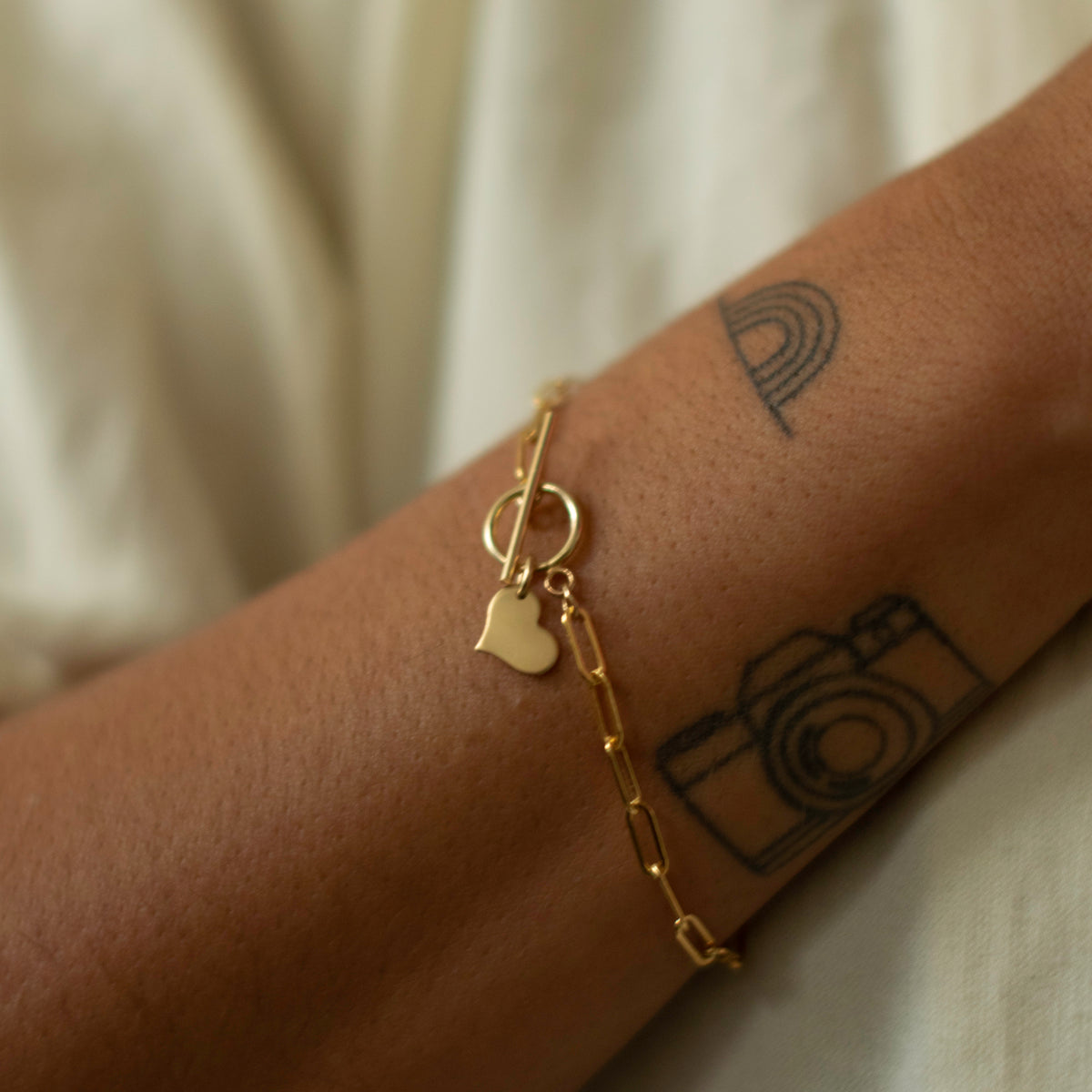14K Gold Filled Tiny Heart Charm on a Bold Paper Clip Bracelet with Toggle Closure
