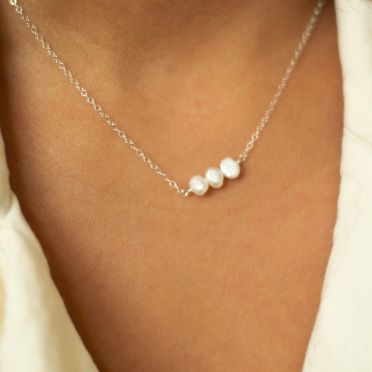 Mini String of 3 Pearls on a 925 Sterling Silver Necklace