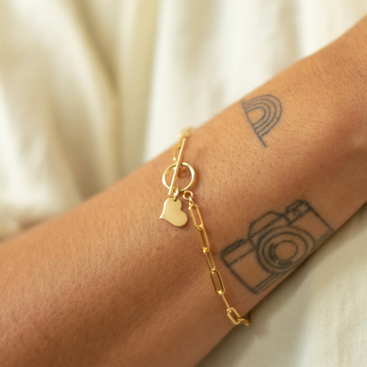 14K Gold Filled Tiny Heart Charm on a Bold Paper Clip Bracelet with Toggle Closure