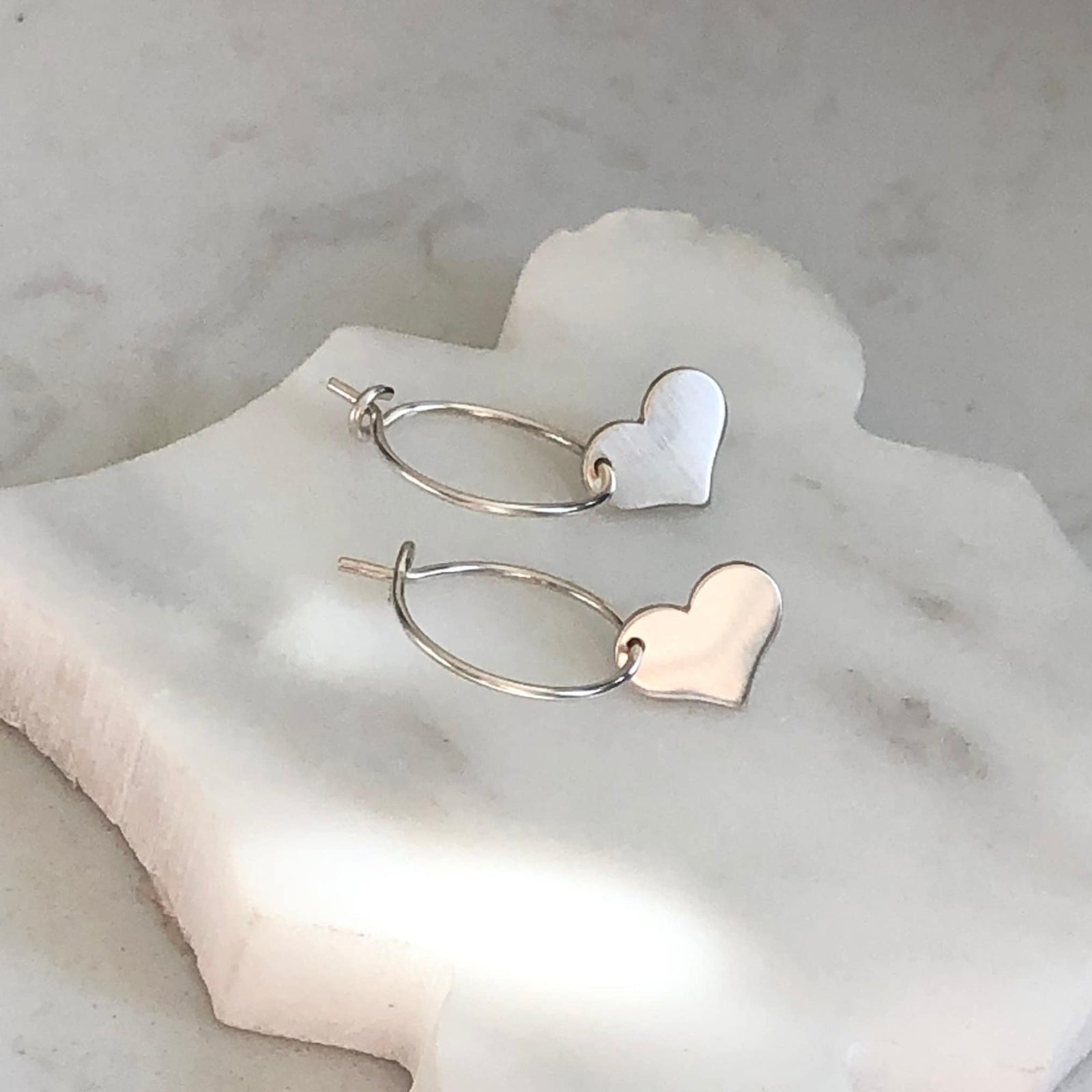 Tiny Silver Hoop Earrings with Heart • Large Hoop Earrings with Heart • 925 Sterling Silver • Silver Heart Charm • Personalized Engraving