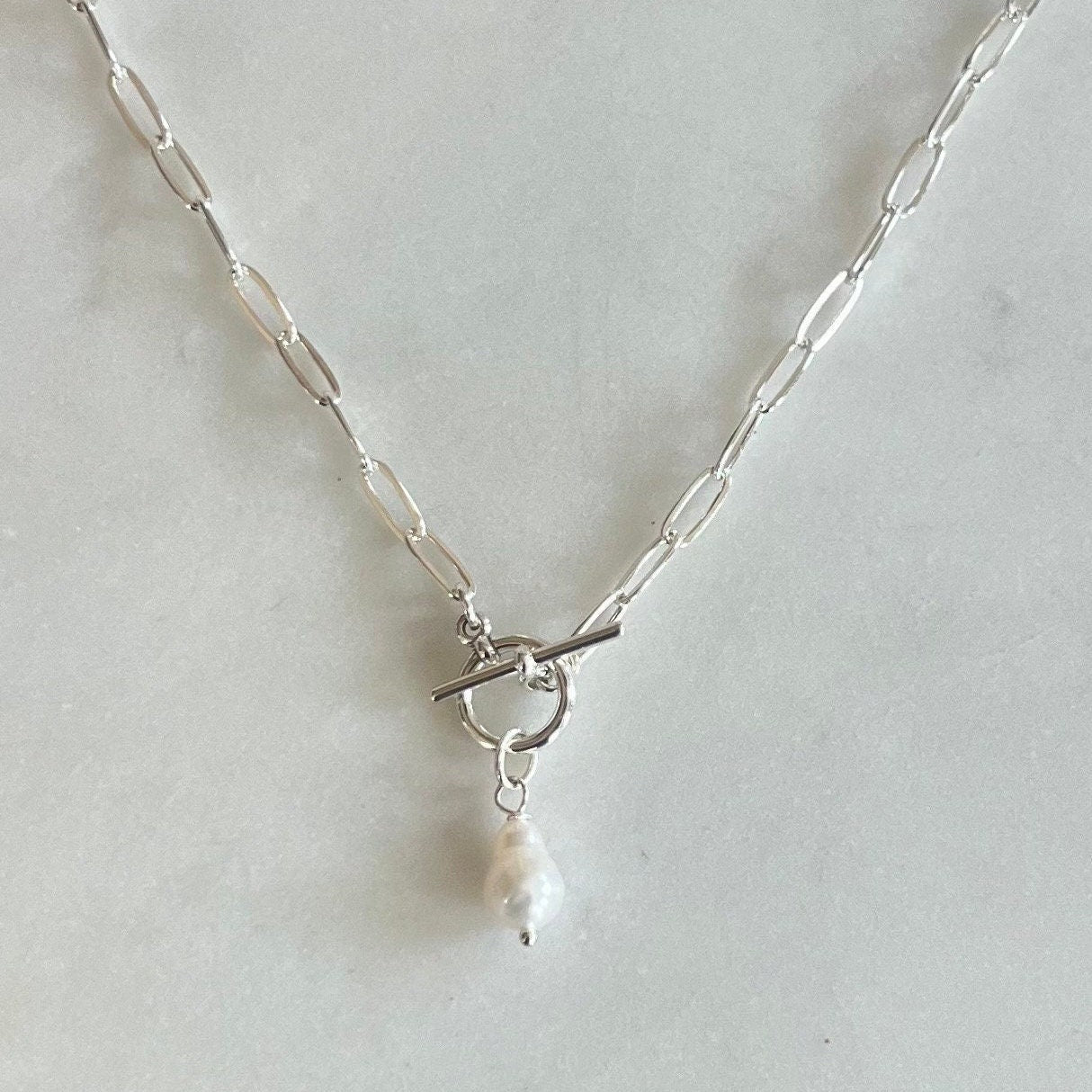 Pearl Drop Necklace on a 925 Sterling Silver Bold Link Chain with Toggle Clasp