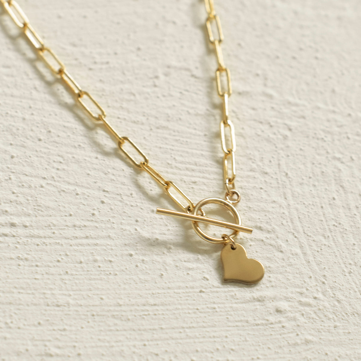 14K Gold Filled Tiny Heart Charm on a Bold Paper Clip Necklace with Toggle Closure