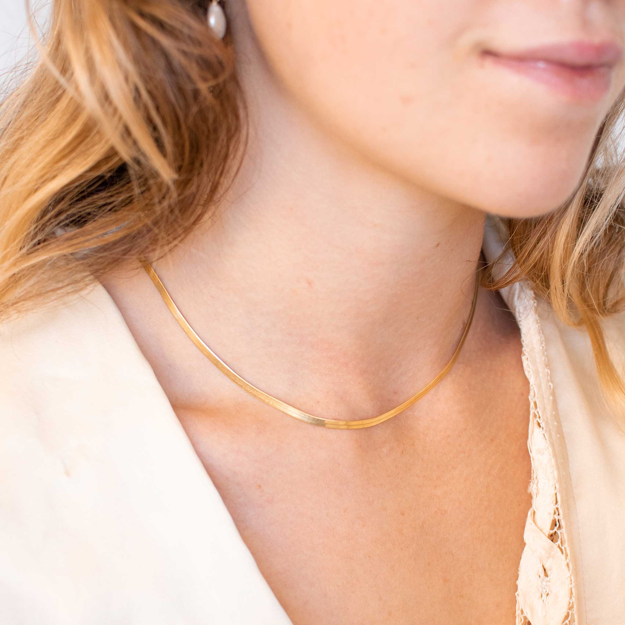 Herringbone Engraved Slim Chain Necklace - Gold Vermeil