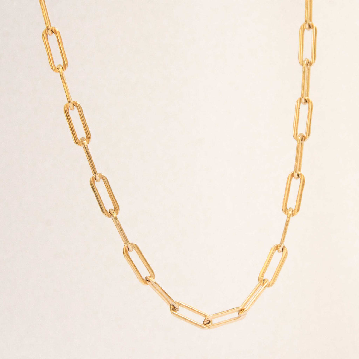 Half of the bold link necklace hanging with a white solid background.