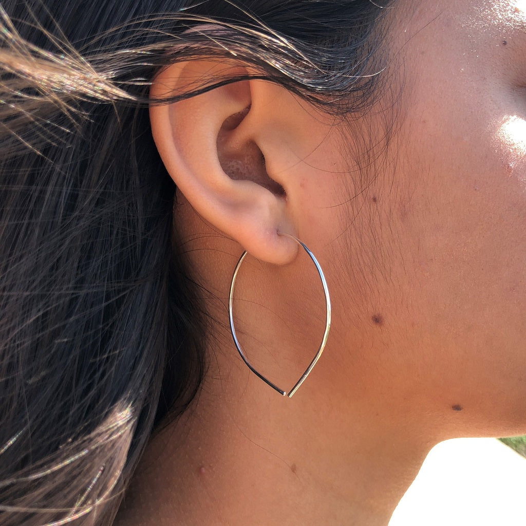 ROUND THREADER EARRINGS IN SILVER ON MODEL